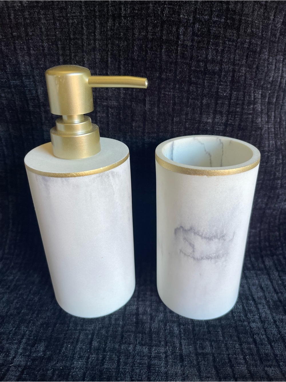 White Marble-Effect Soap Dispenser and Tumbler Set with Gold Accents